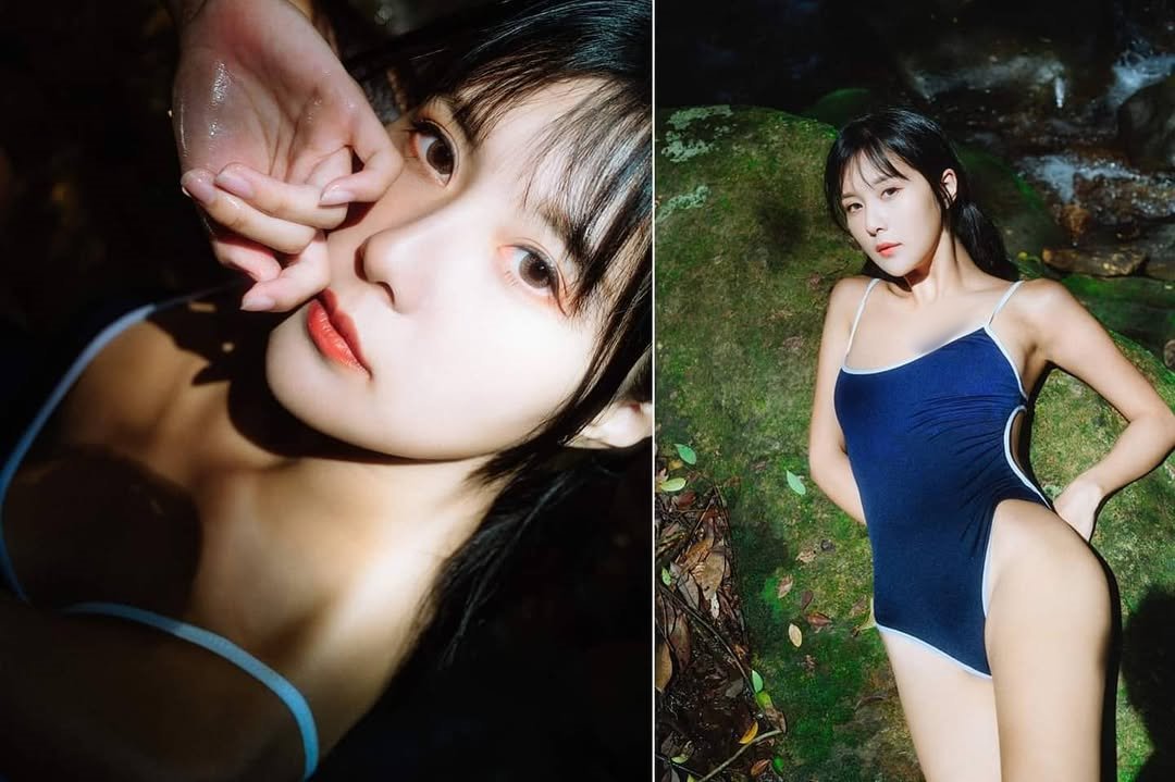 【正妹】羽晴Min 死库水泳装溪边，纤细的腿在若隐若现！
