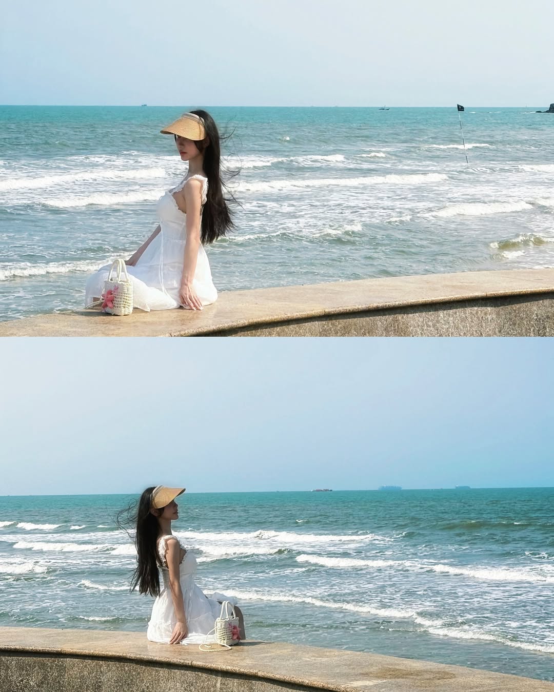 【正妹】梦梦白色连衣裙海边，像一首视觉的抒情诗！