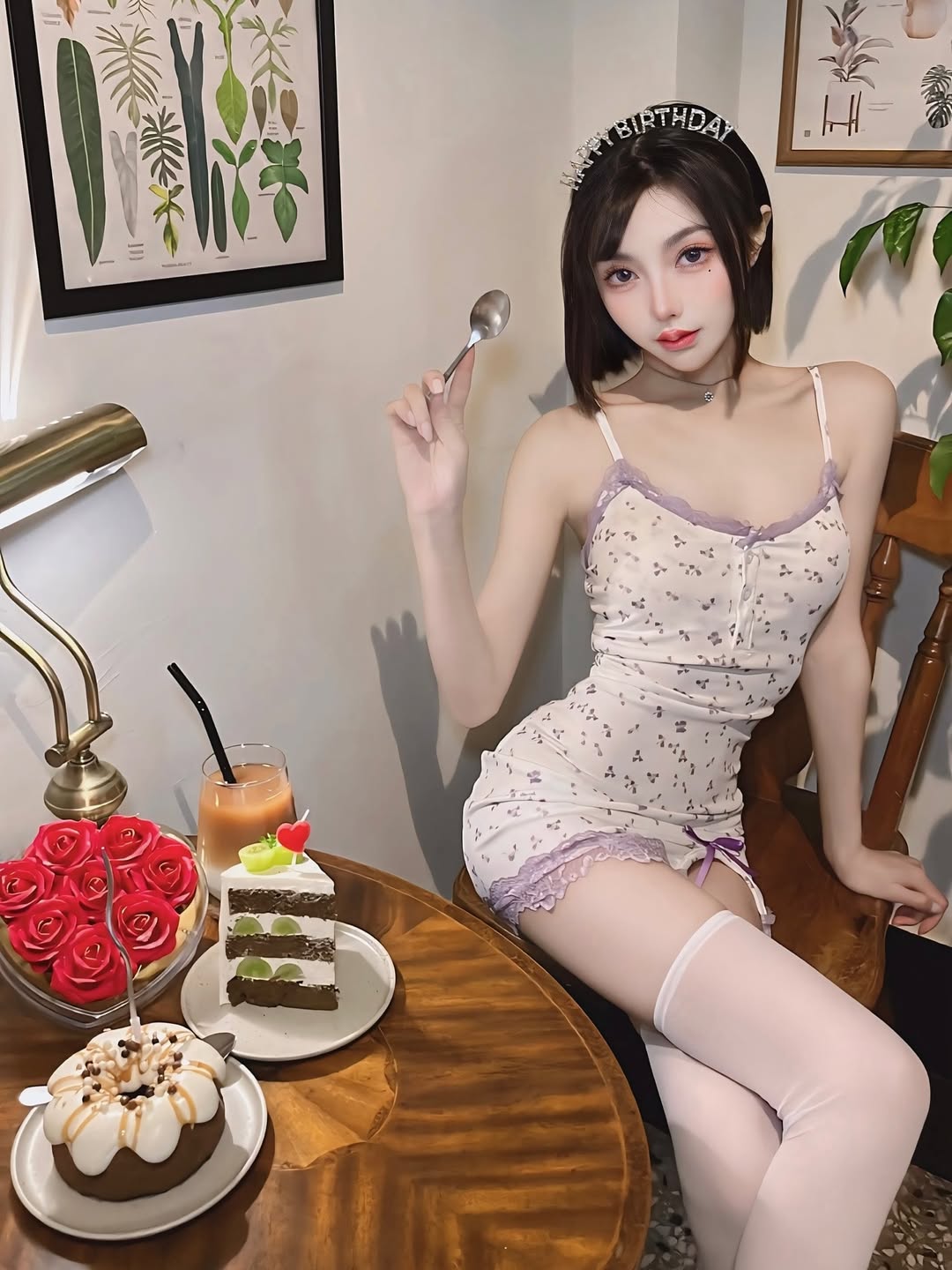 【正妹】林莹白丝配吊带裙蛋糕店的美照，甜入心田的微笑！