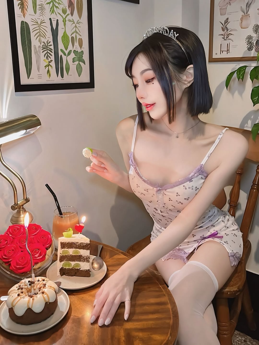 【正妹】林莹白丝配吊带裙蛋糕店的美照，甜入心田的微笑！